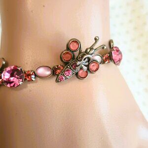 Mary Demarco La Contessa Bracelet 7" Whimsical Butterfly & Flowers Pink Crystals